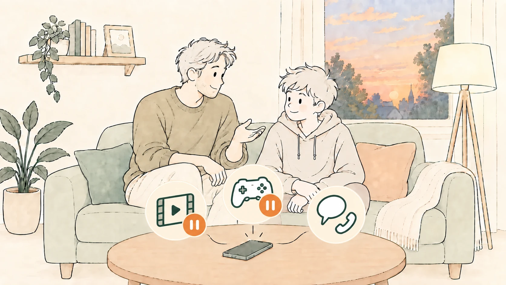 Zeichnung: Vater und Sohn sitzen abends auf dem Sofa im Gespräch. Das Smartphone liegt auf dem Tisch, Videos und Spiele sind pausiert, Anrufe und Nachrichten bleiben verfügbar.