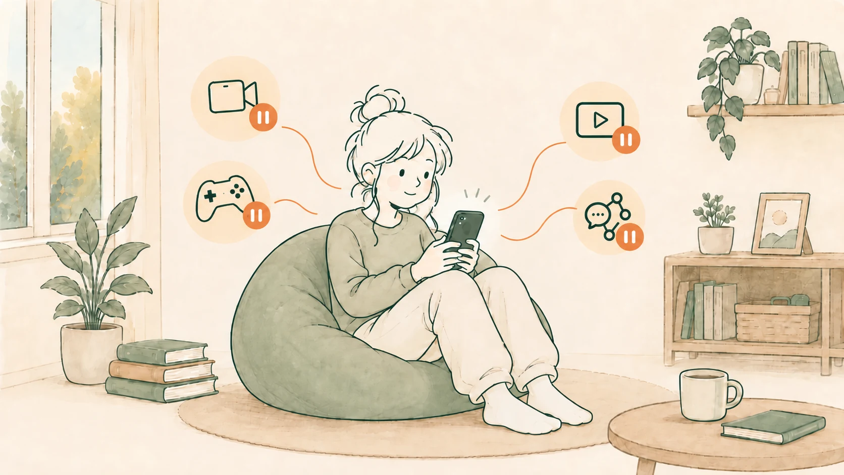 Ein Mädchen sitzt entspannt mit seinem Handy im Sessel. Kurzvideos, Spiele, Videos und soziale Netzwerke tragen ein Pausezeichen: Sie laufen nur in der festgelegten Zeit.