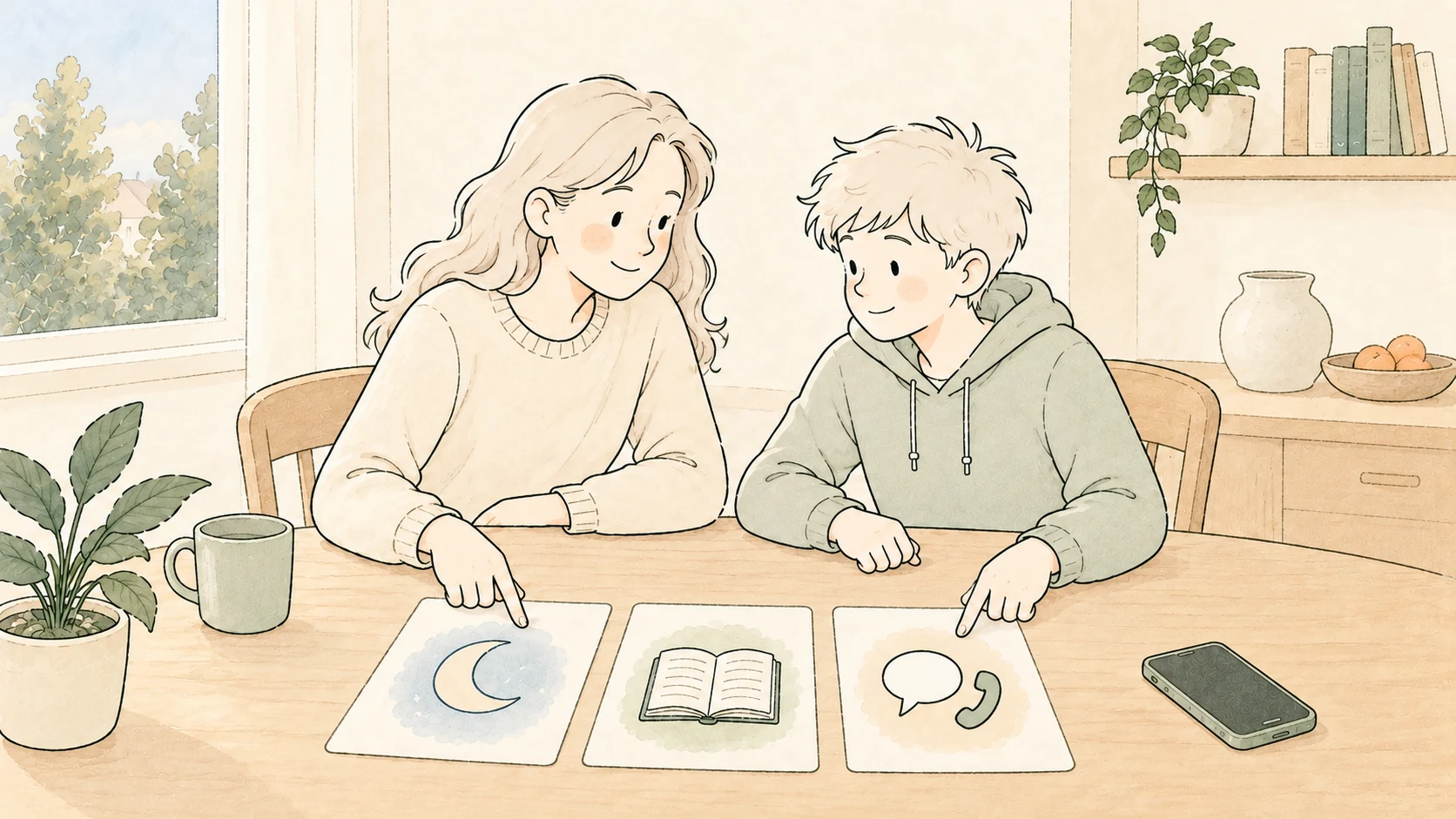 Zeichnung: Mutter und Sohn legen am Tisch gemeinsam Regeln für Kurzvideos, Lernzeit und Erreichbarkeit fest.