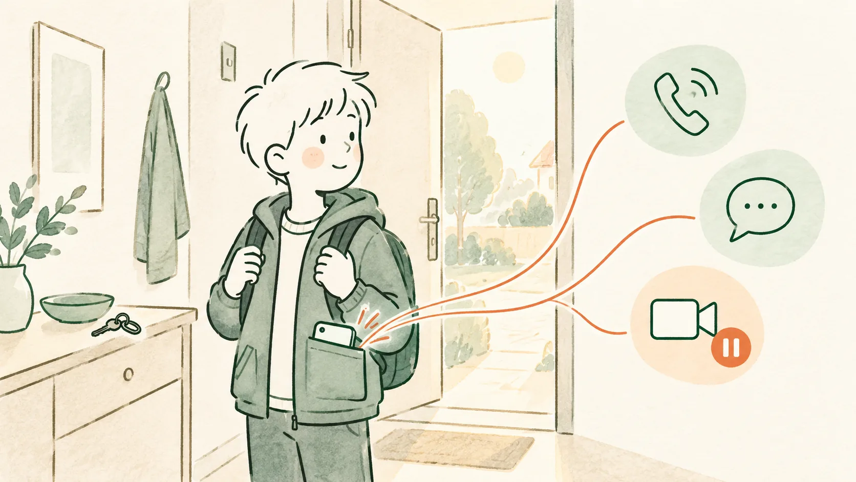 Zeichnung: Ein Kind steht morgens mit Rucksack in der Haustür. Das Smartphone steckt sicher in der Jackentasche.