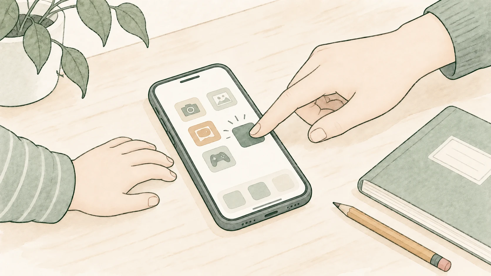 Illustration: Eine App wird gemeinsam auf dem bereits genutzten Kinderhandy eingerichtet.