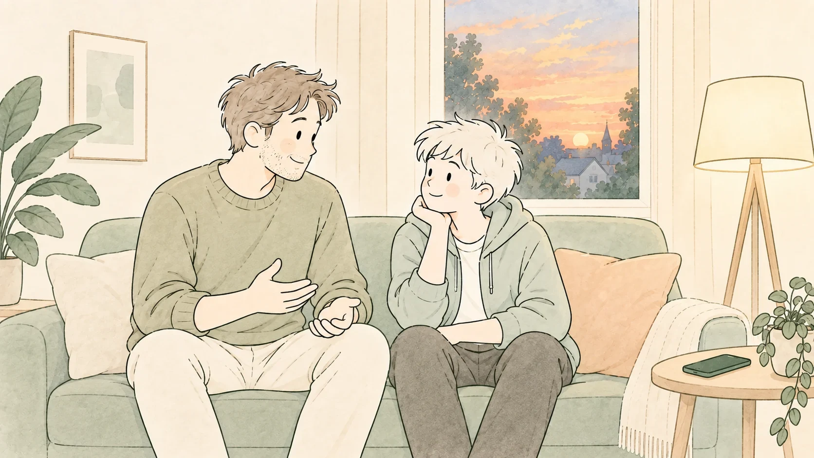 Vater und Sohn besprechen abends in Ruhe ihre Handyzeiten.