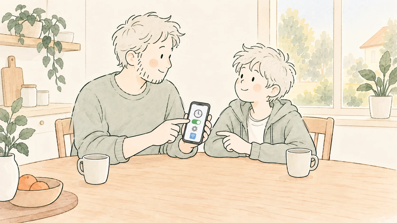 Vater und Sohn besprechen am Küchentisch gemeinsam Handyzeiten auf einem Smartphone.
