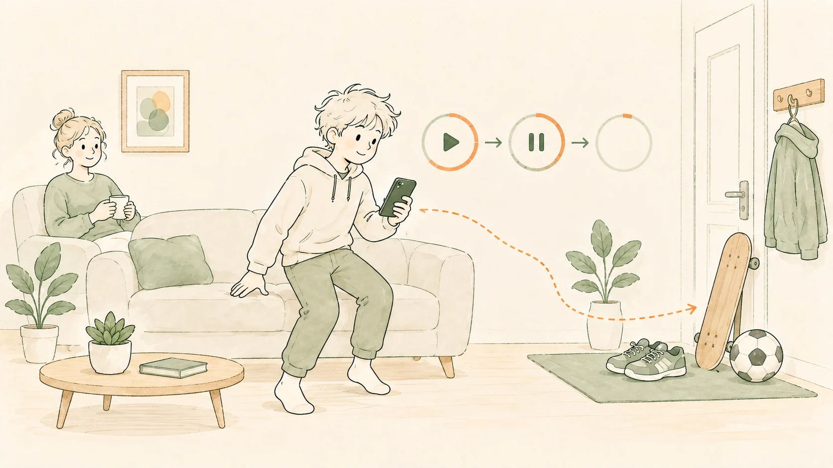 Ein Jugendlicher steht mit dem Smartphone vom Sofa auf; Skateboard und Ball warten an der Tür.