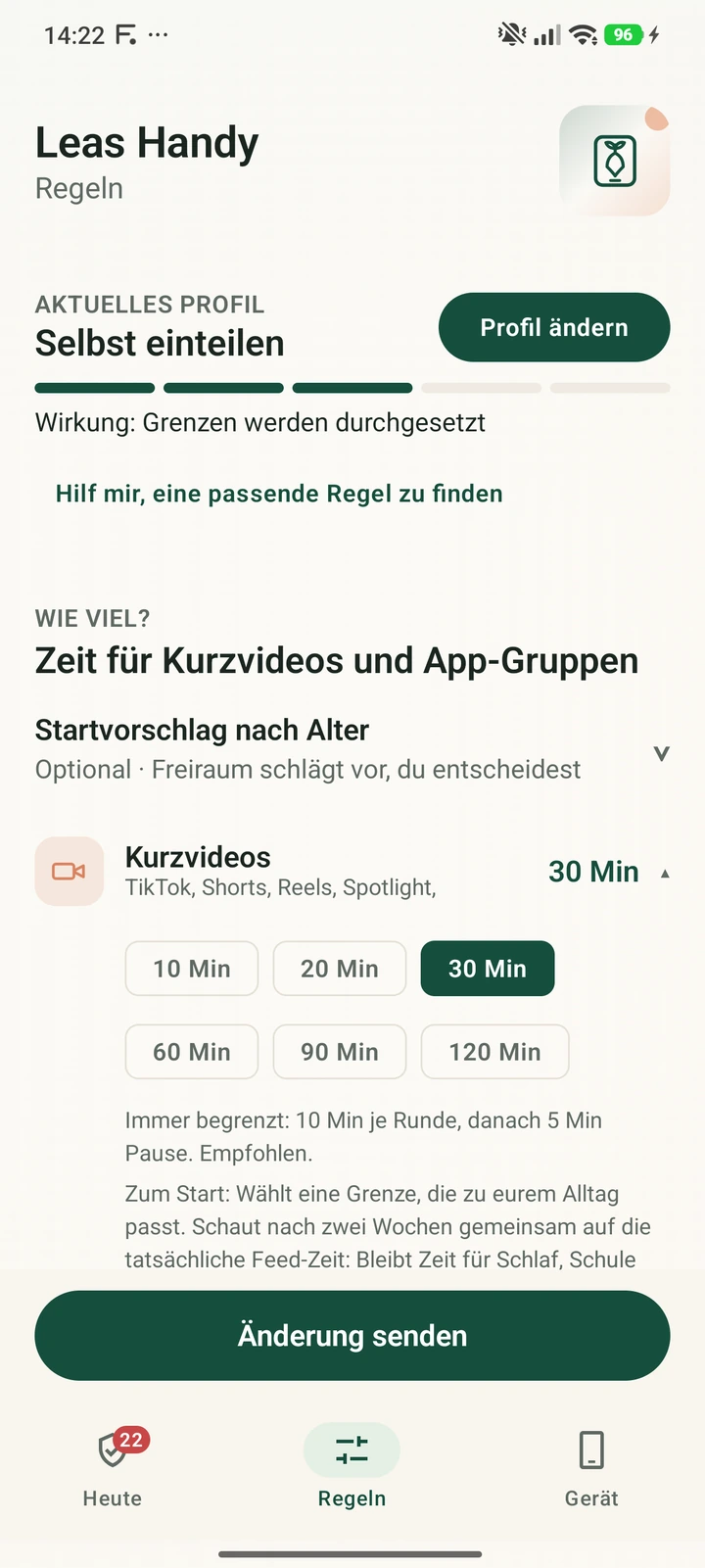 Eltern-App: 30 Minuten für Kurzvideos festlegen und die Änderung senden.