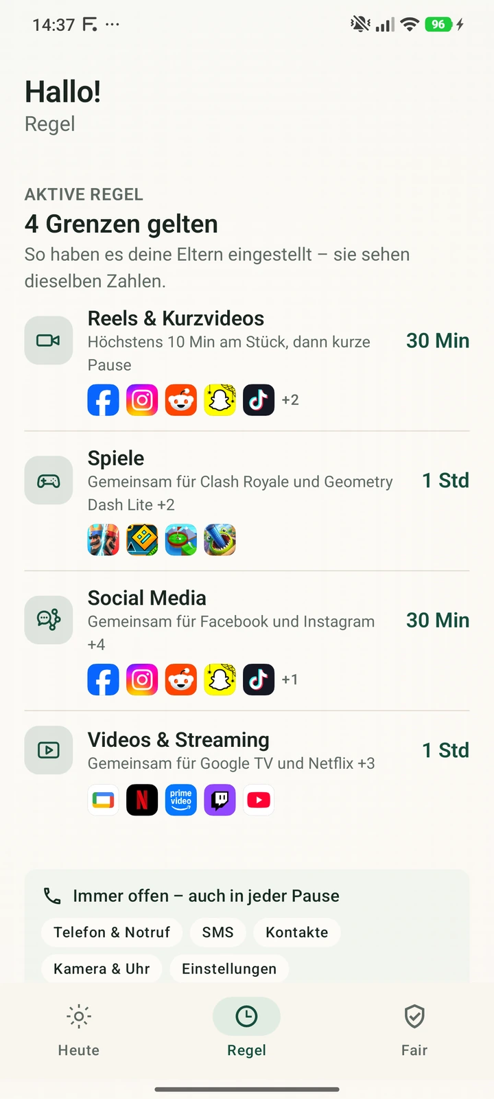 Kinder-App: Übersicht der vereinbarten Zeiten für Kurzvideos, Spiele, Social Media und Streaming. Telefon und Notruf bleiben offen.