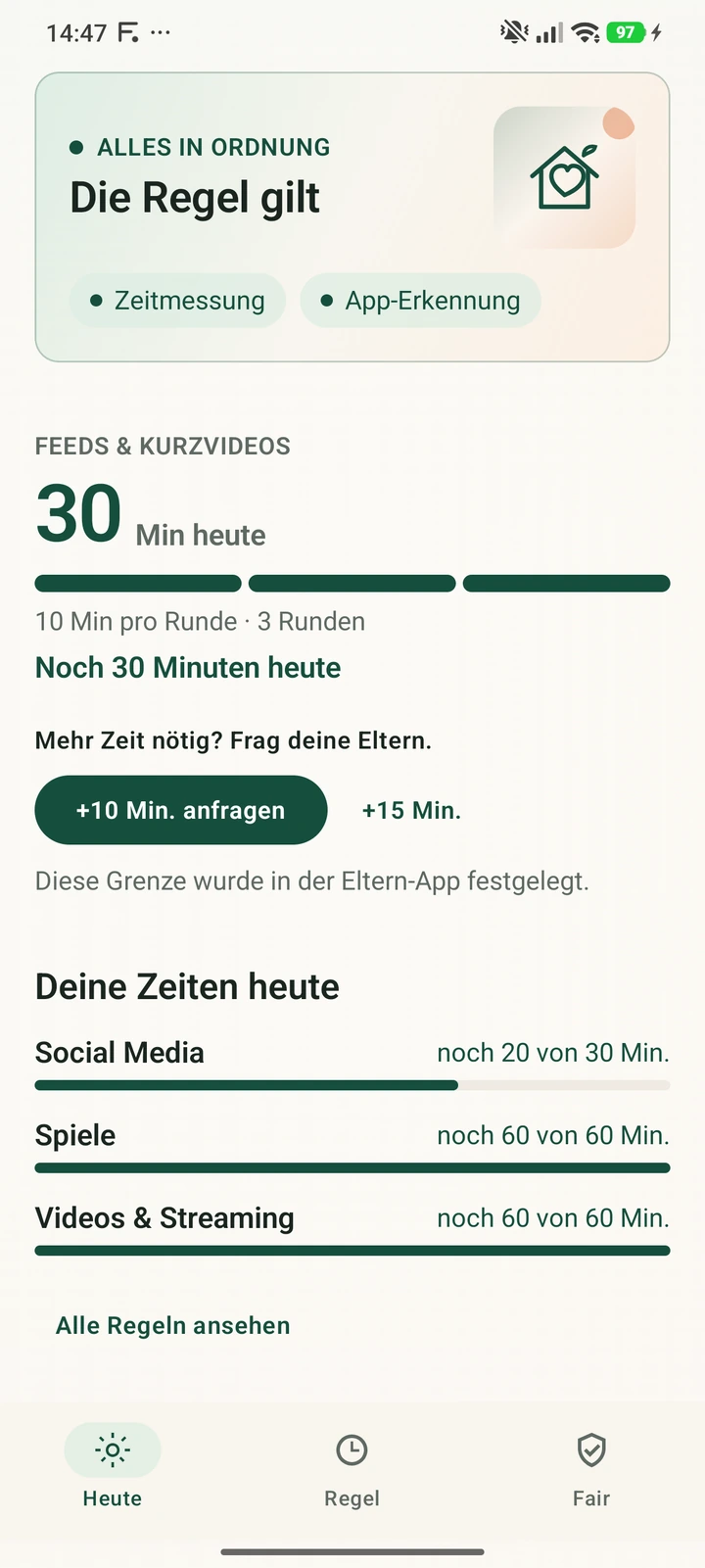 Kinder-App: Noch 30 Minuten Kurzvideozeit sowie die verbleibenden Zeiten für Social Media, Spiele und Streaming.